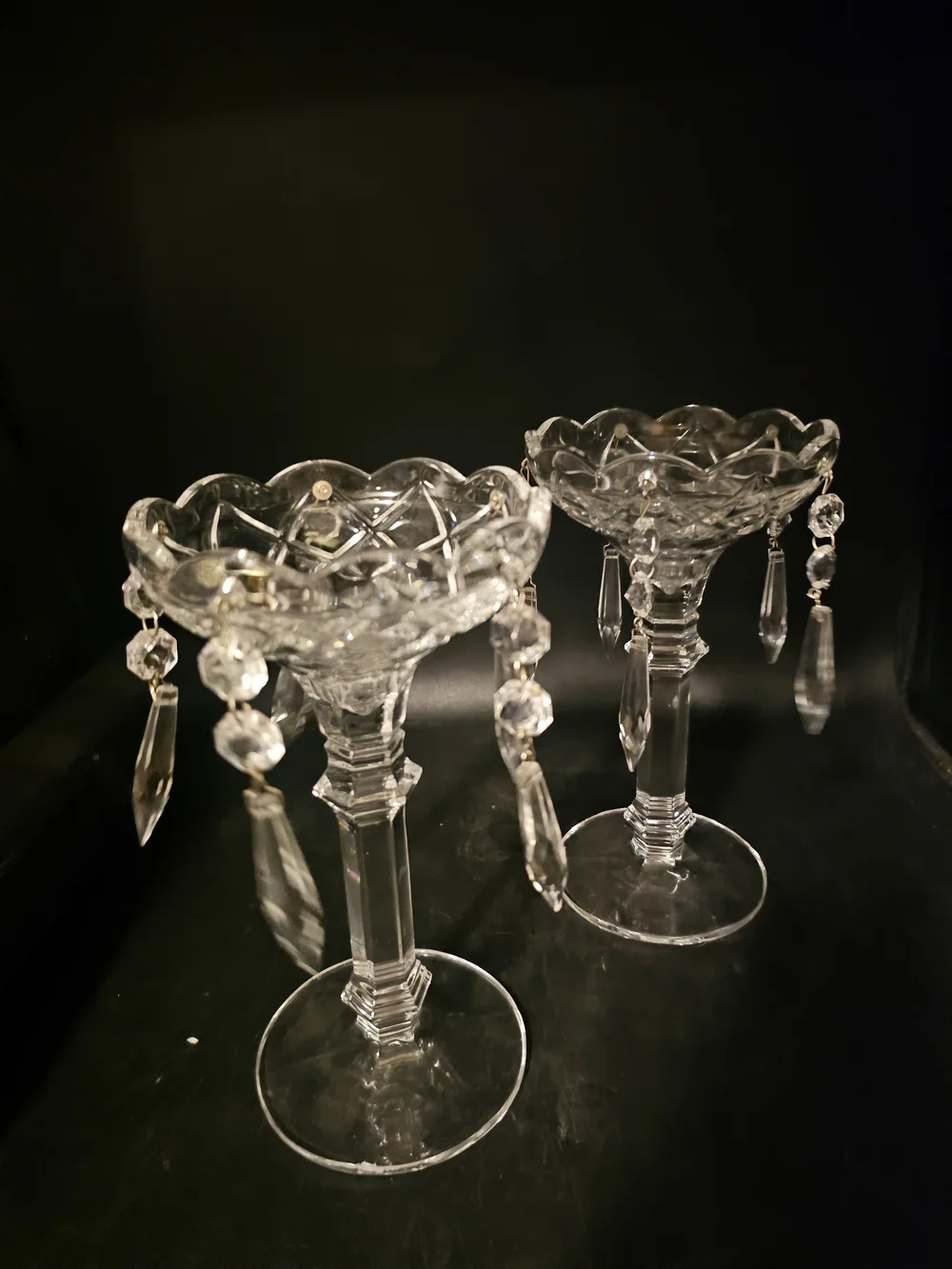 Unique Vintage Clear Crystal Candle Holders with Hanging Prisms